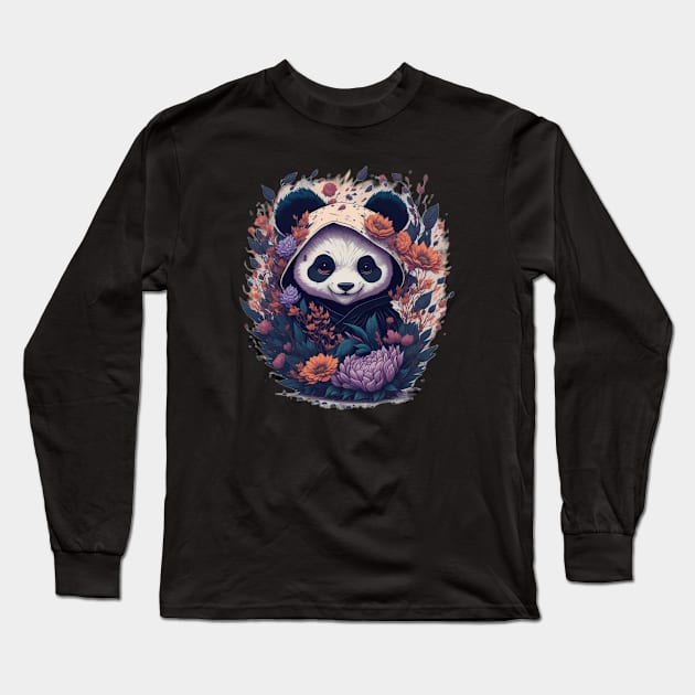 Cute Ninja Panda With Flowers Art Martial Floral Baby Pana Long Sleeve T-Shirt by BaliChili